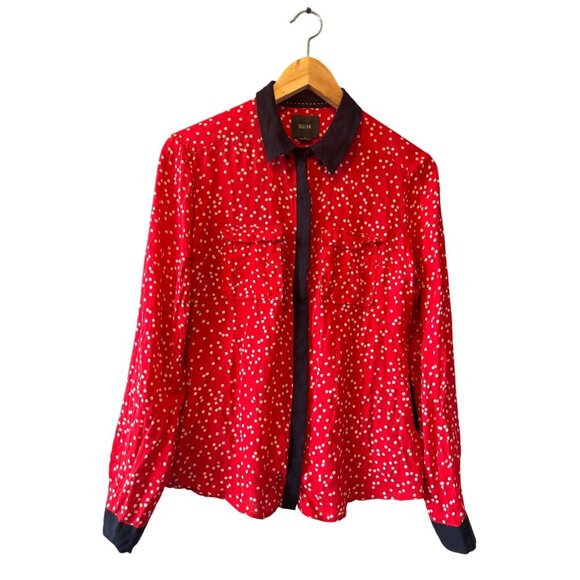 Anthropologie Maeve sz 6 Button Down Polka Dot Blouse Shirt Navy Red Long Sleev - Picture 6 of 14